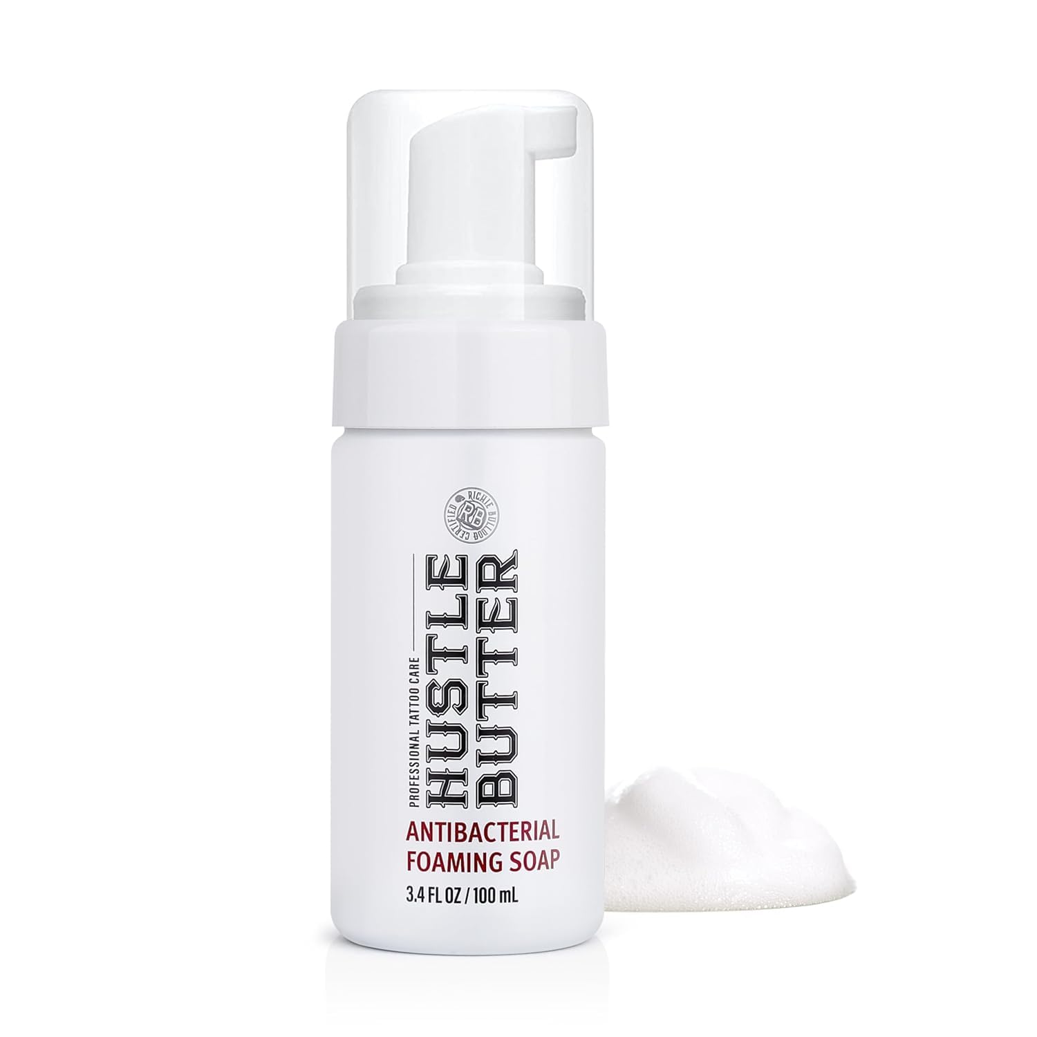 Hustle Bubbles tattoo soap bottle with foam dispenser for gentle cleansing during healing.