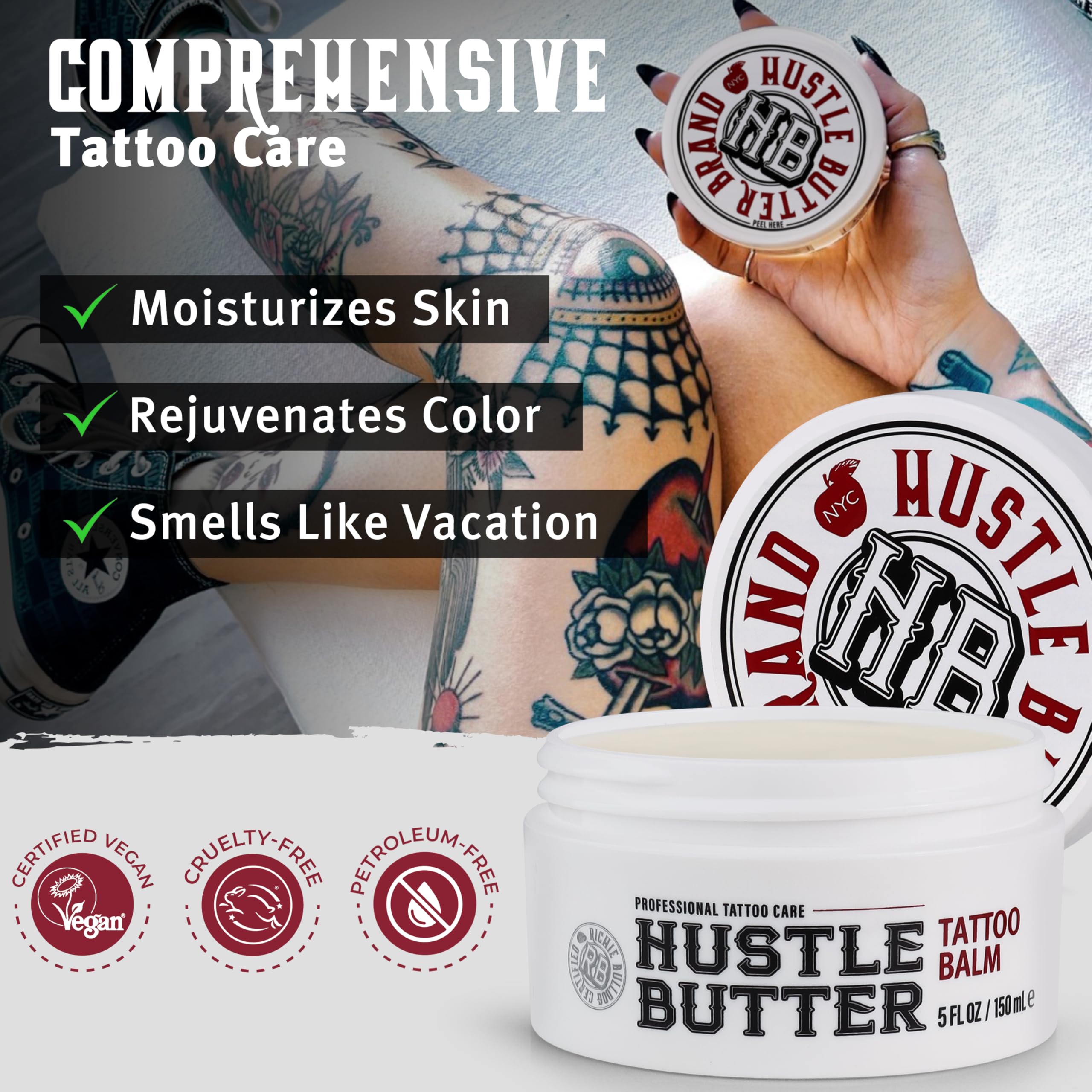 Hustle Butter Deluxe before-and-after tattoo care scenario demonstrates aftercare benefits
