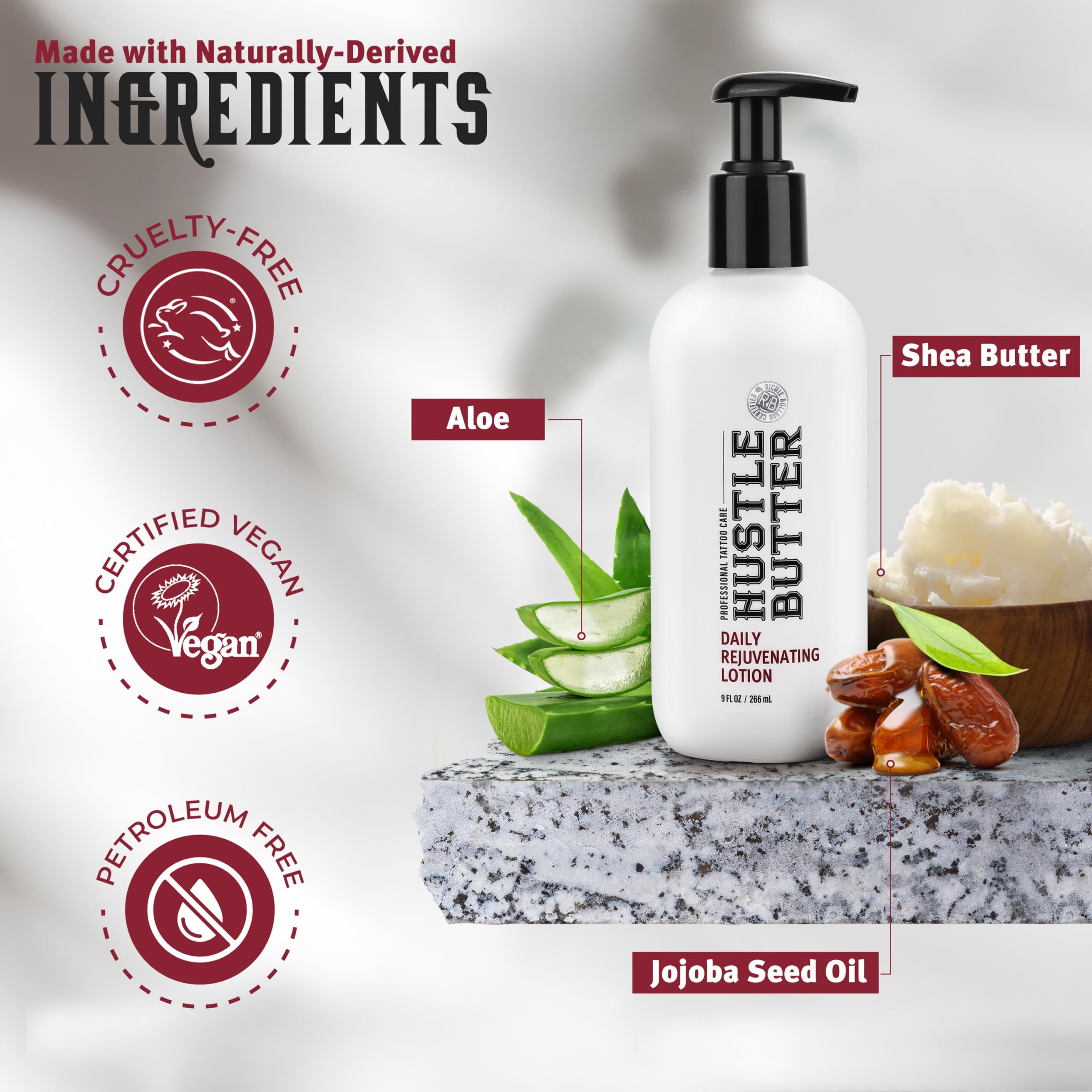 Hustle Butter Deluxe daily lotion pump showing easy non-greasy apply.