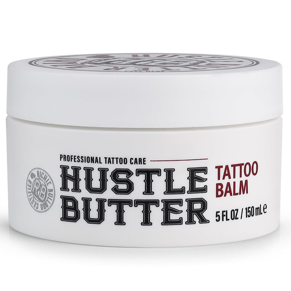 Hustle Butter Deluxe 5oz packaging close-up emphasizes vegan, petroleum-free claim