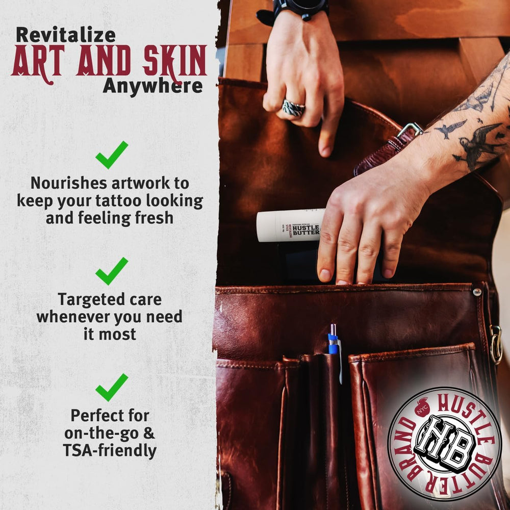 Hustle Butter Deluxe shea coconut oil blend moisturizes skin around tattoos