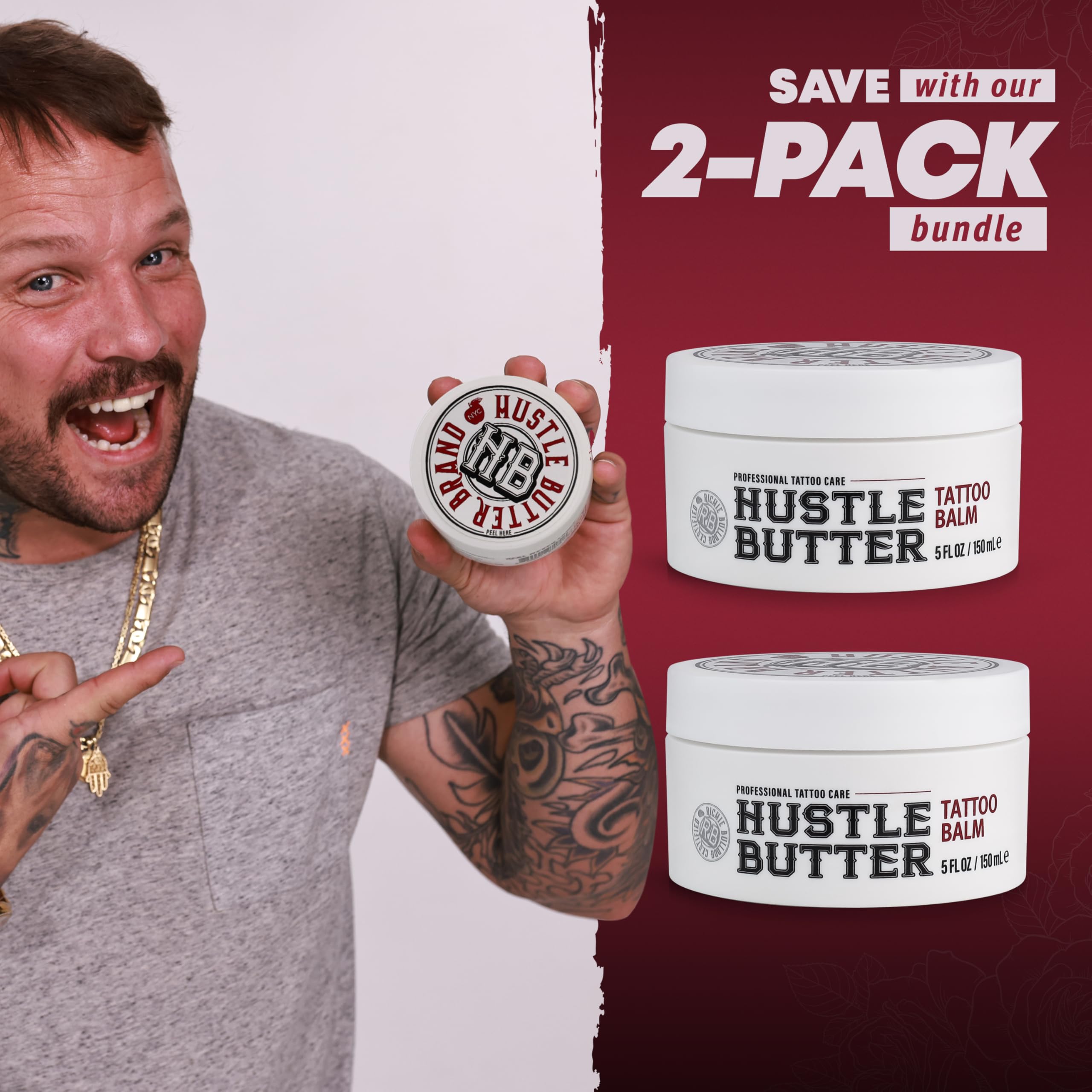 Hustle Butter Deluxe moisturized tattooed skin aftercare demonstration.