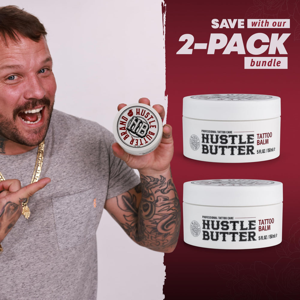 Hustle Butter Deluxe moisturized tattooed skin aftercare demonstration.