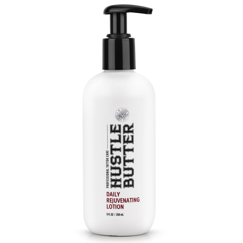 Hustle Butter Deluxe tattoo aftercare bottle close-up for daily hydration.