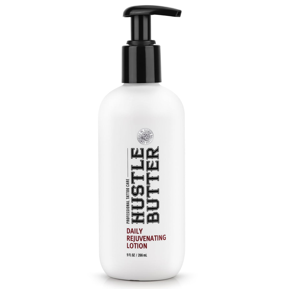 Hustle Butter Deluxe tattoo aftercare bottle close-up for daily hydration.