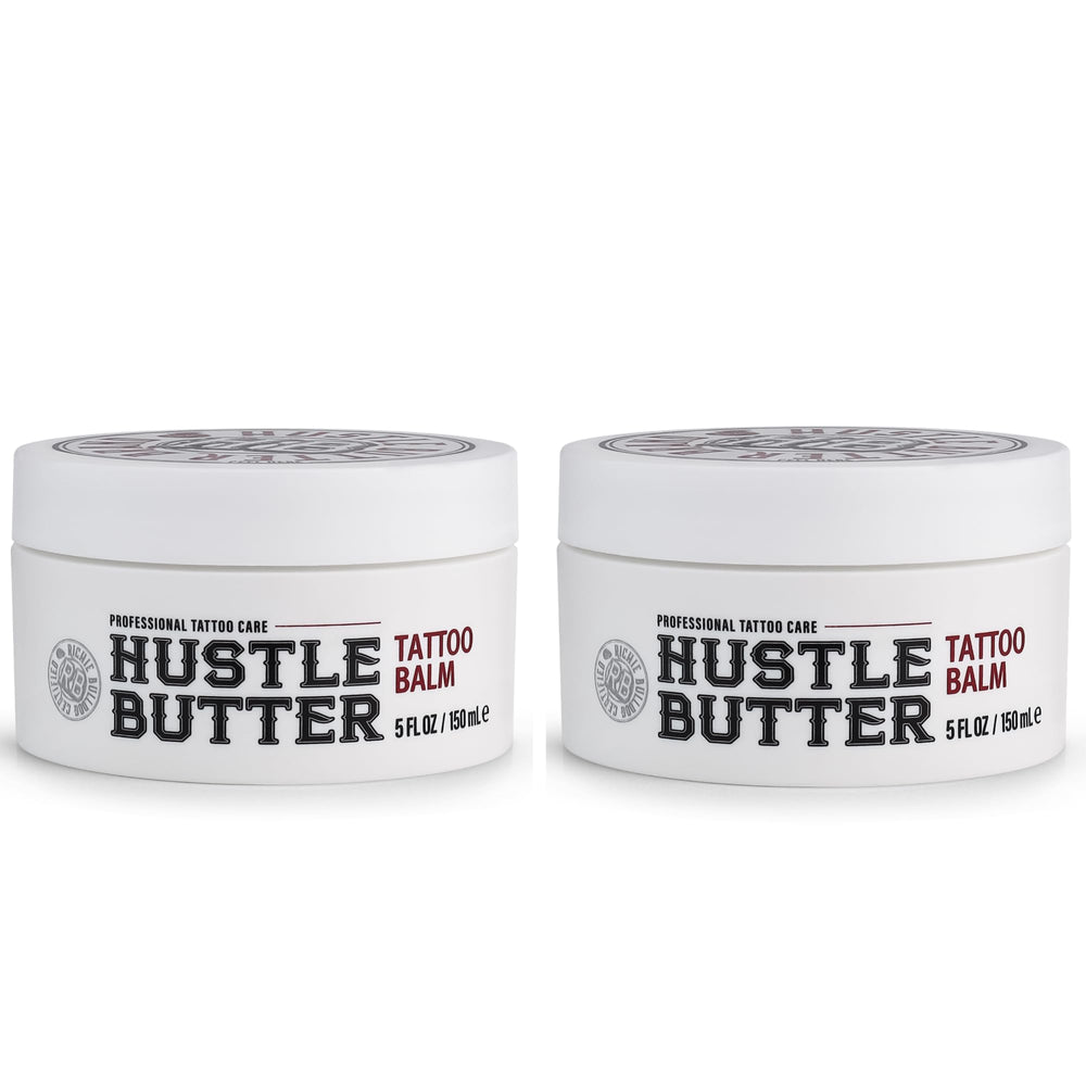 Hustle Butter Deluxe tattoo balm packaging ready for pre-ink prep.