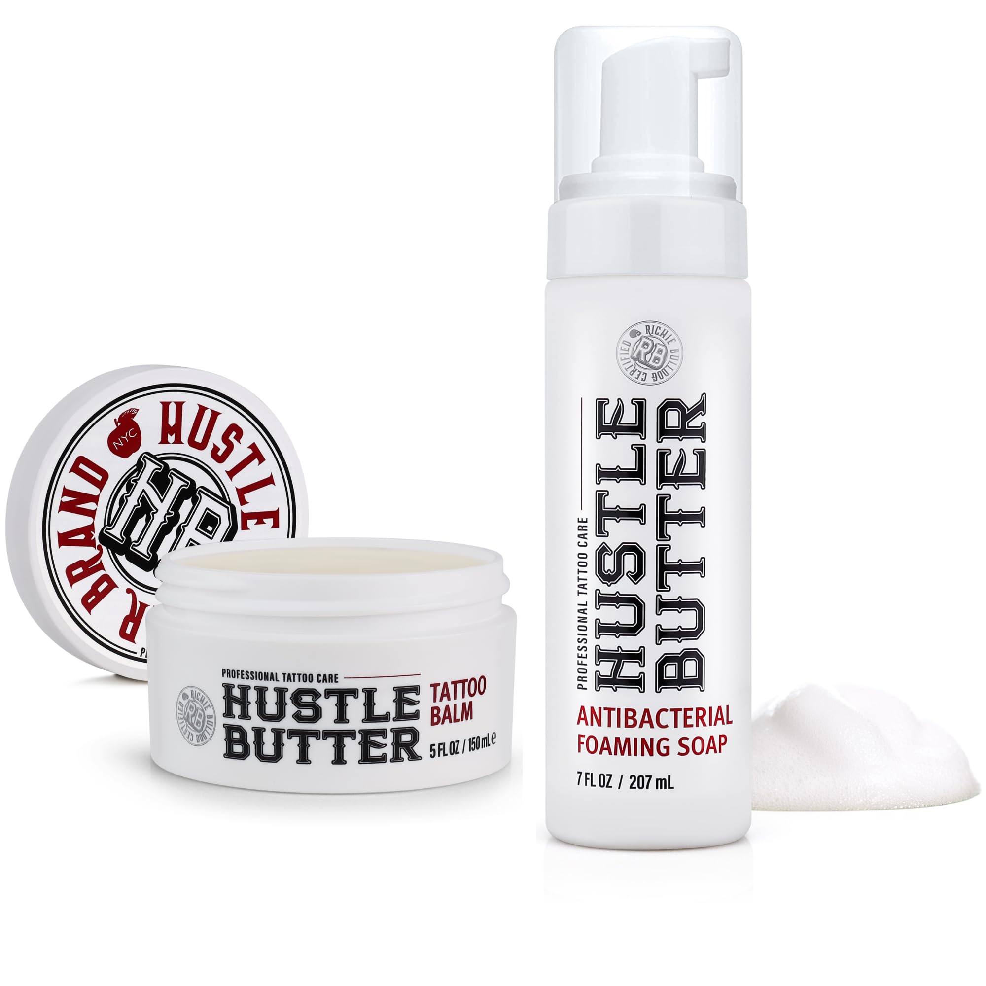Hustle Butter Deluxe tattoo wash bottle closeup shows antibacterial formula for clean healing