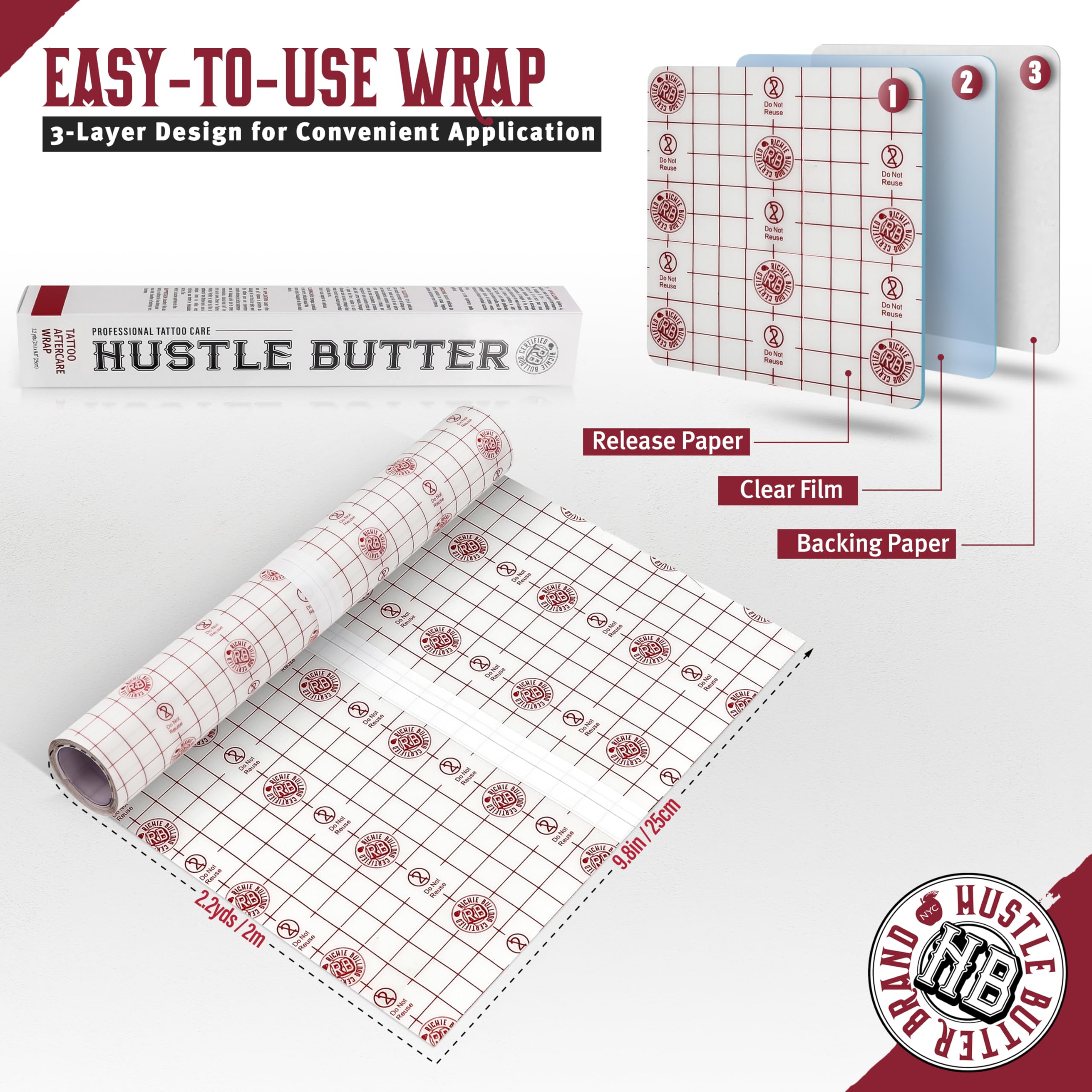 Hustle Butter Deluxe tattoo wrap transparent roll showing clear, protective coverage for fresh ink.