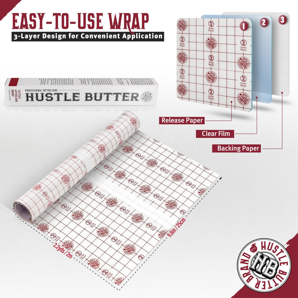 Hustle Butter Deluxe tattoo wrap transparent roll showing clear, protective coverage for fresh ink.