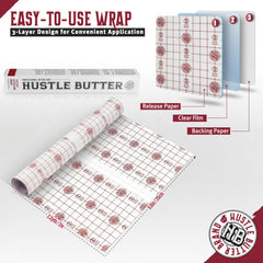 Hustle Butter Deluxe tattoo wrap transparent roll showing clear, protective coverage for fresh ink.