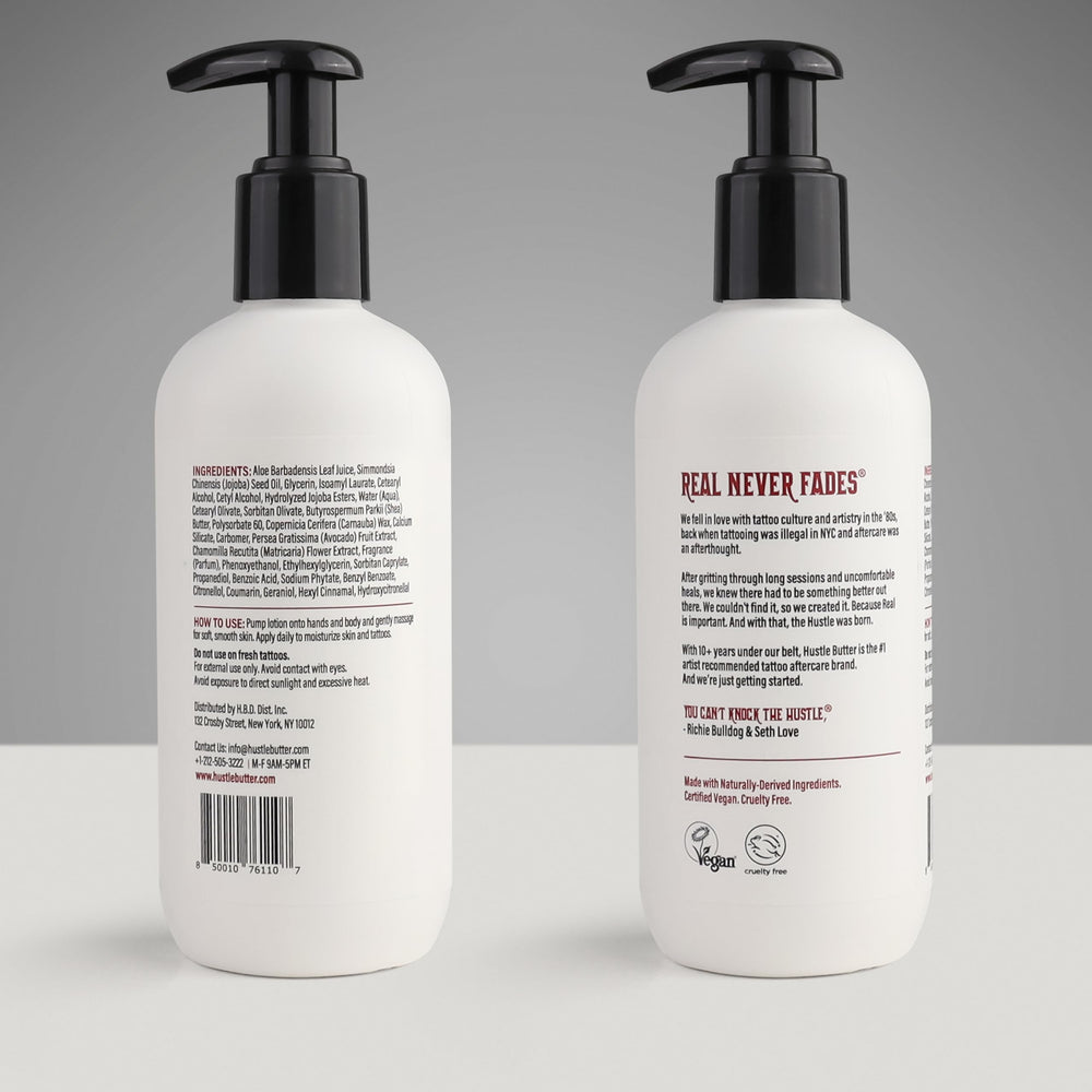 Hustle Butter Deluxe vegan cruelty-free symbols highlight ethical branding.