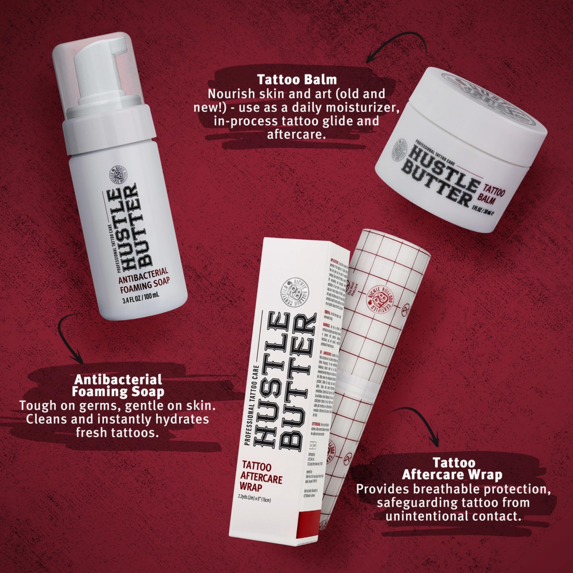 Hustle Butter Tattoo Bubbles-foaming cleanses gently, keeping ink clean during healing.