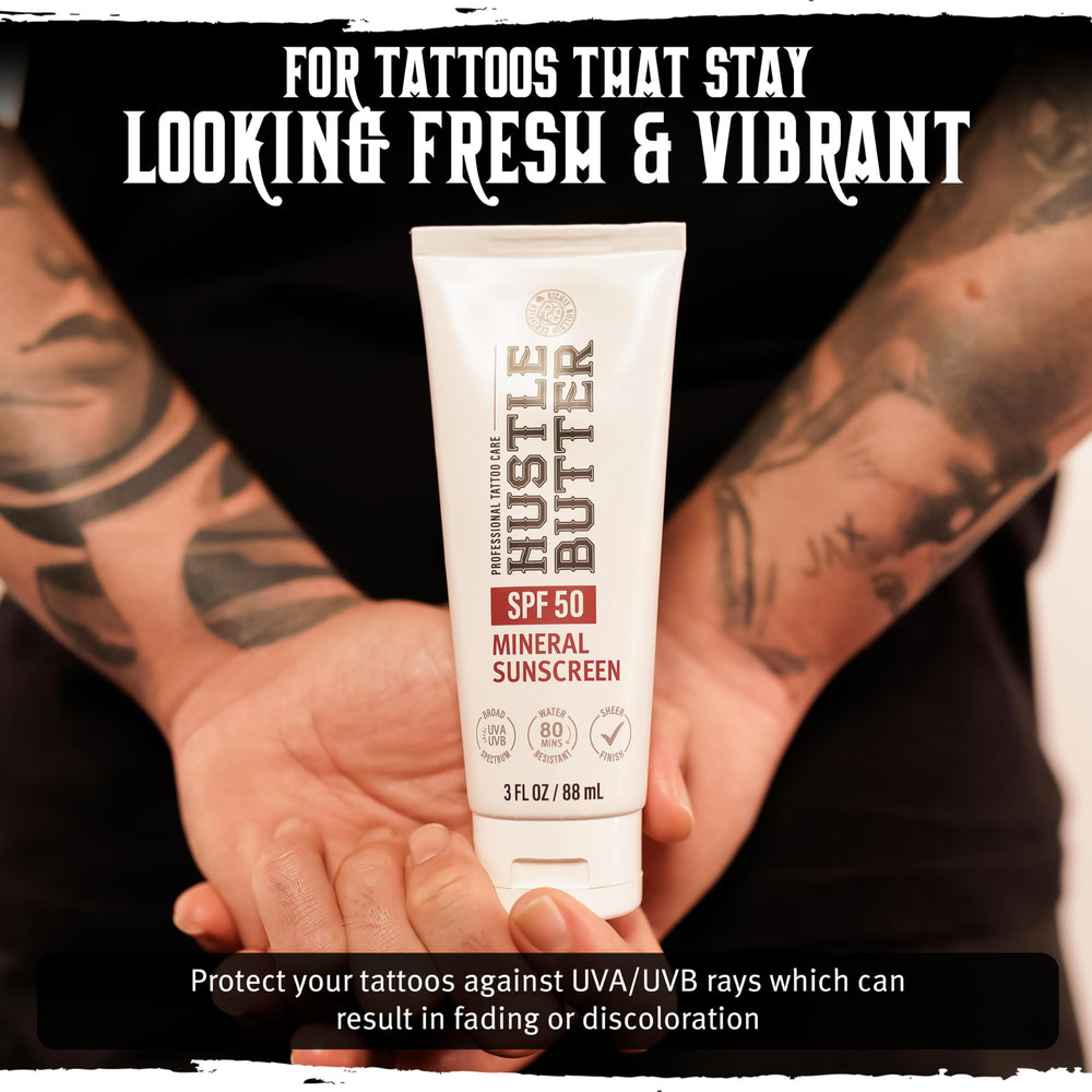 Hustle Butter Deluxe sunscreen in hand demonstrates moisturizing formula with shea butter