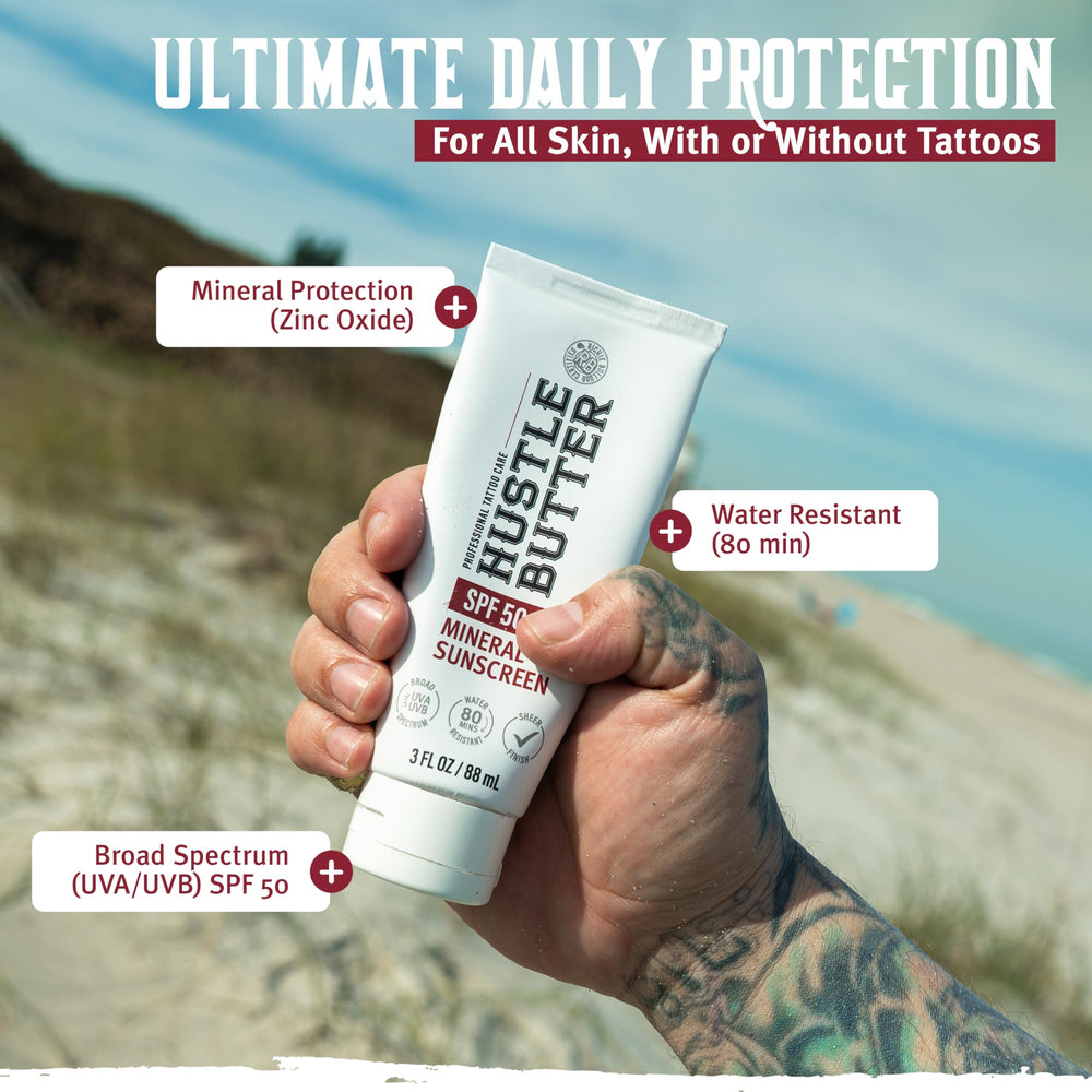 Hustle Butter Deluxe sunscreen lotion application on skin for hydration and protection