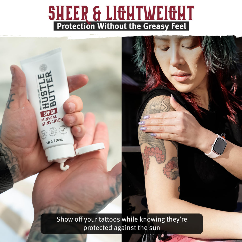 Hustle Butter Deluxe SPF50 texture closeup showing quick absorption on inked skin