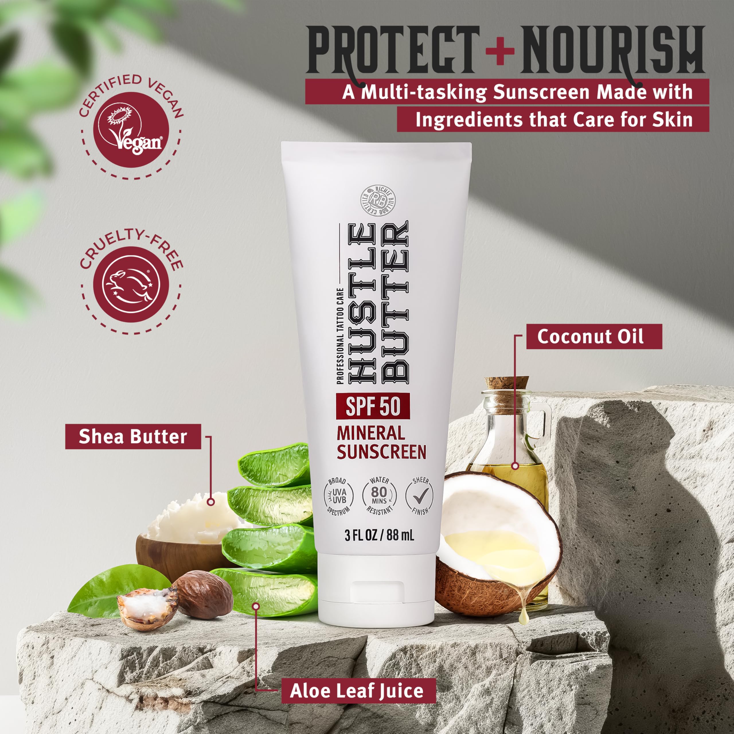 Hustle Butter Deluxe tattoo sunscreen tube packaging indicating TSA-friendly travel size
