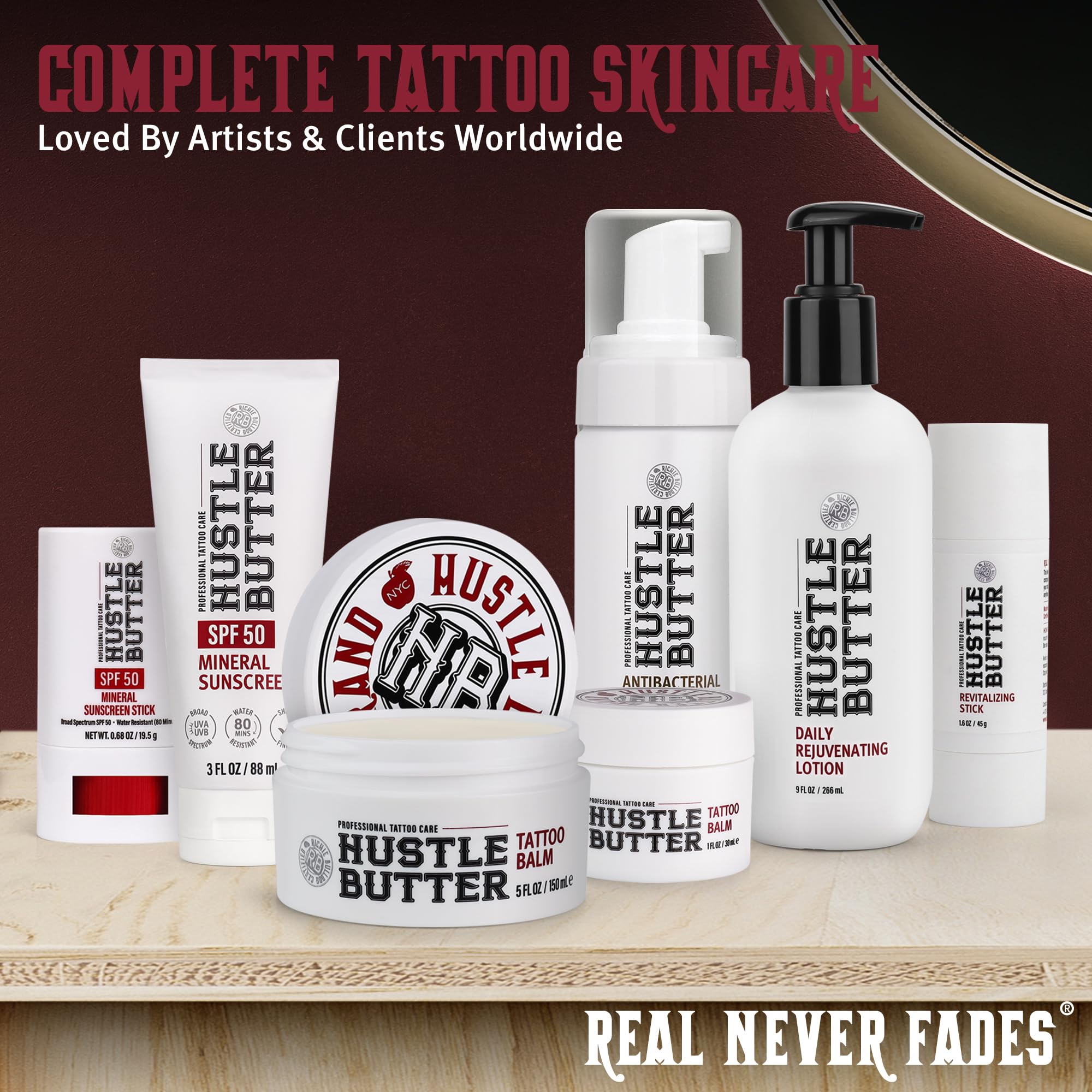 Hustle Butter Deluxe tattoo sunscreen on beach-ready skin with water resistance
