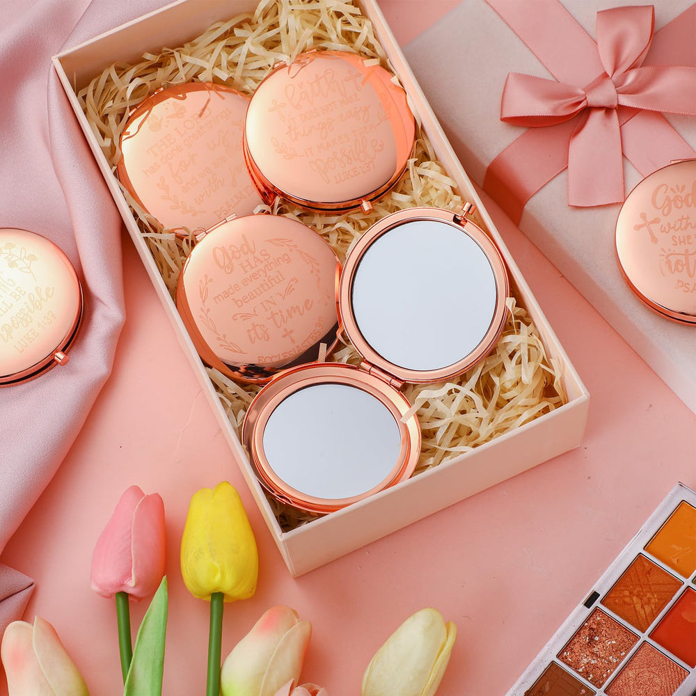 Huwena rose-gold-compact-mirror adds elegance to purses and gift bags
