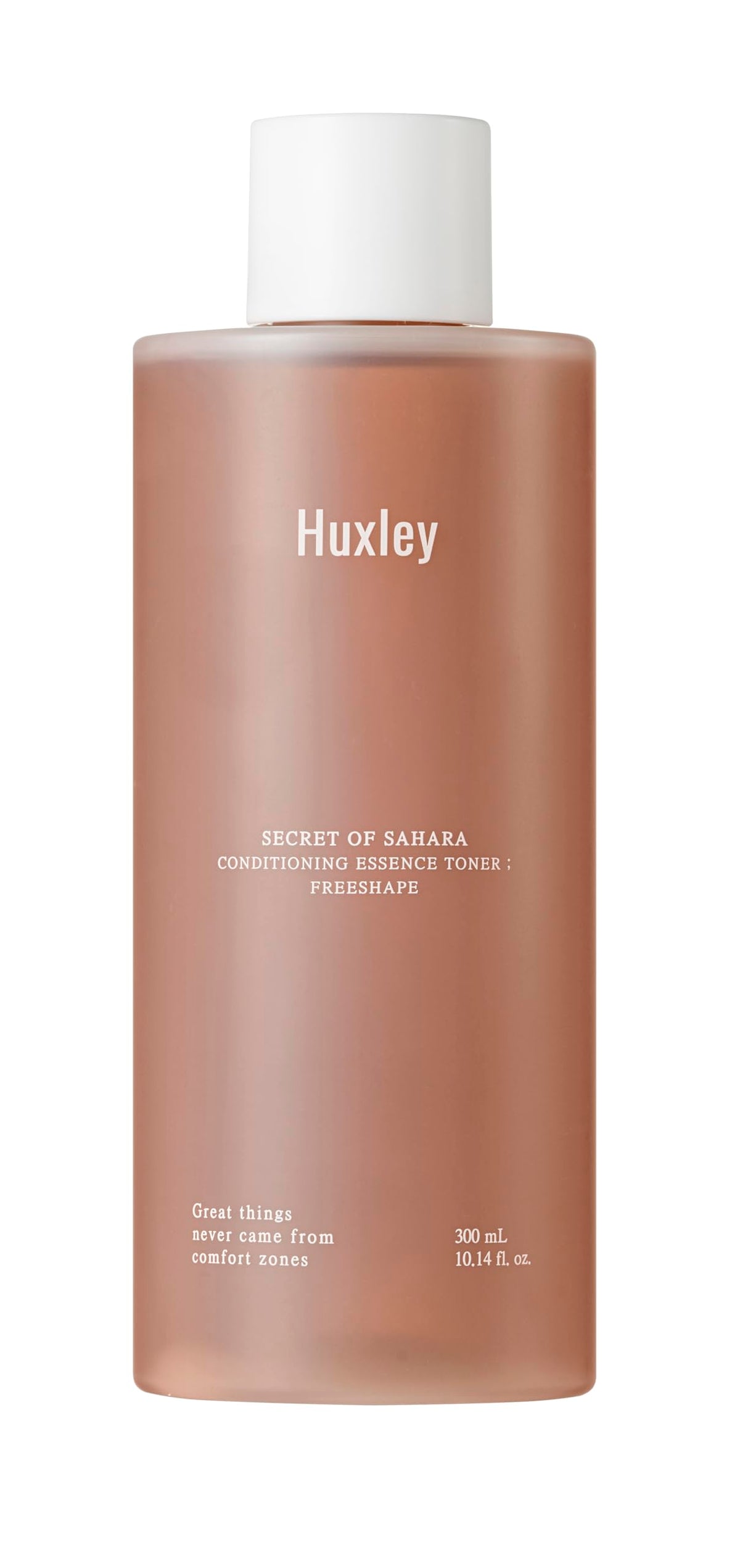 Huxley Conditioning Essence Toner bottle close-up highlighting hydrating, calming skincare routine