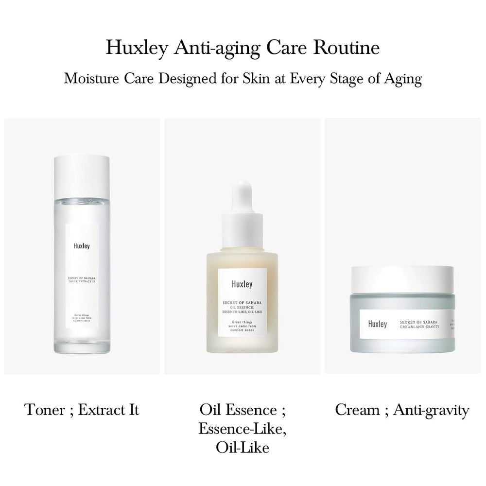 Huxley ECOCERT-certified formula packaging shot signals clean, skin-friendly skincare.