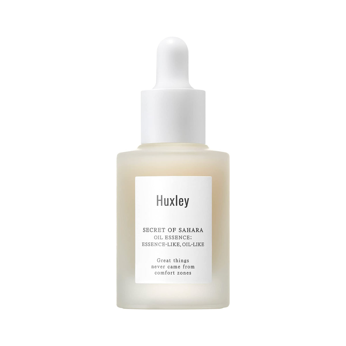 Huxley Secret of Sahara Oil Essence bottle closeup for lightweight hydration.