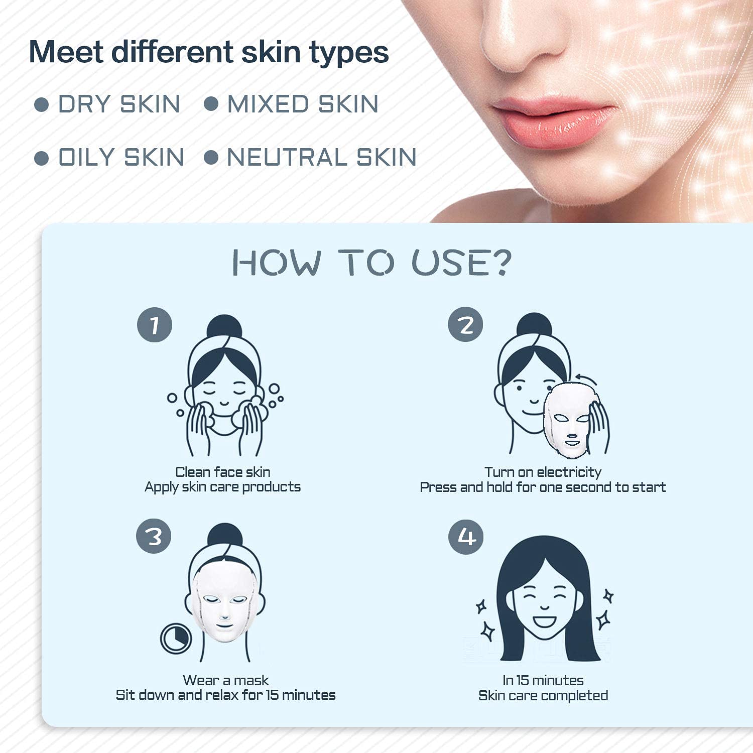 HXDZFX LED mask blue-red lights emphasize color therapy options for skin