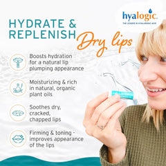 Applying Hyalogic HA Lip Balm on lips for smooth, hydrated skin.