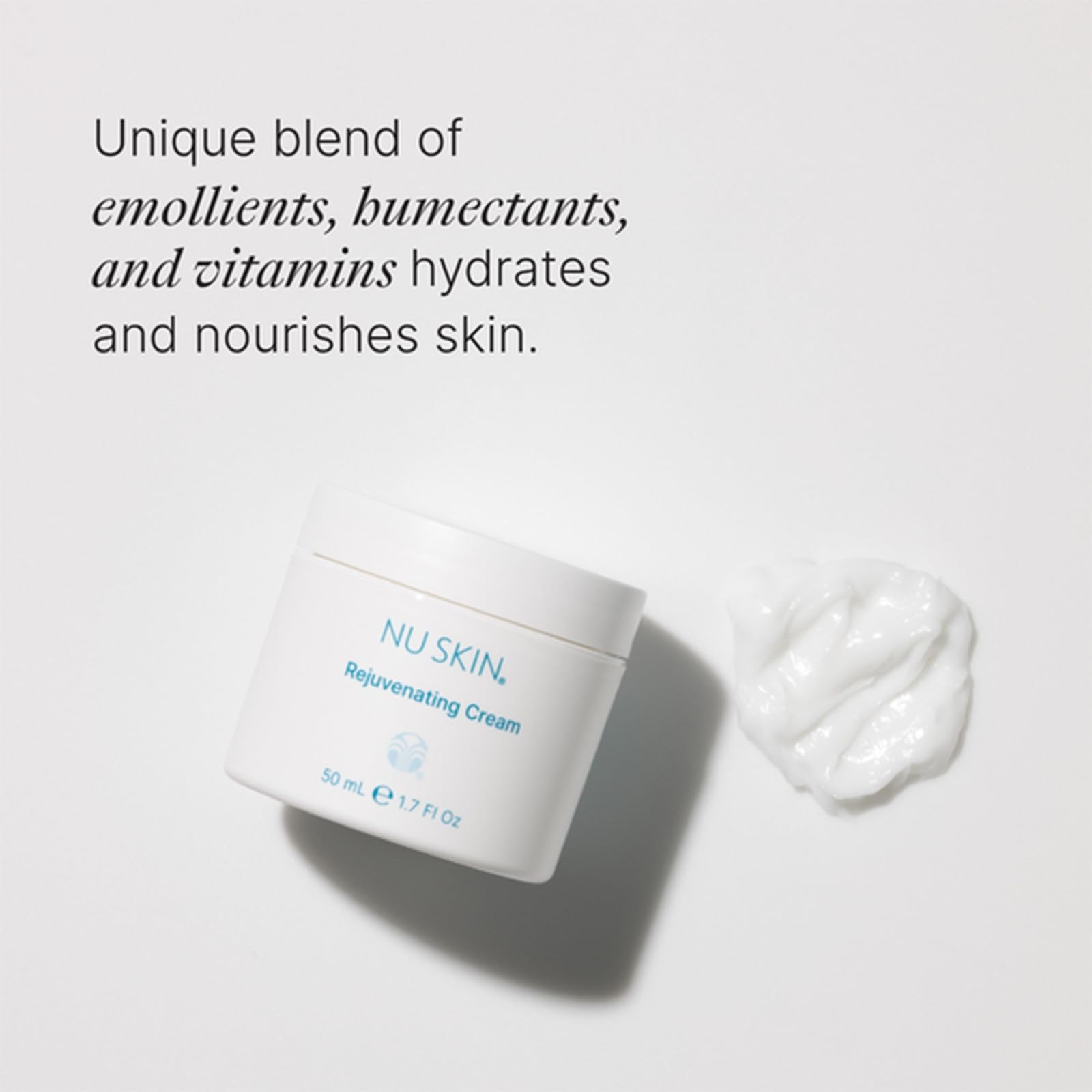 Nu Skin Rejuvenating Cream with hyaluronic acid delivers deep hydration visuals.