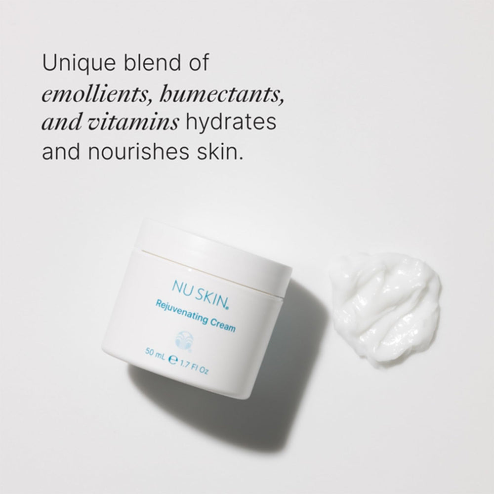 Nu Skin Rejuvenating Cream with hyaluronic acid delivers deep hydration visuals.