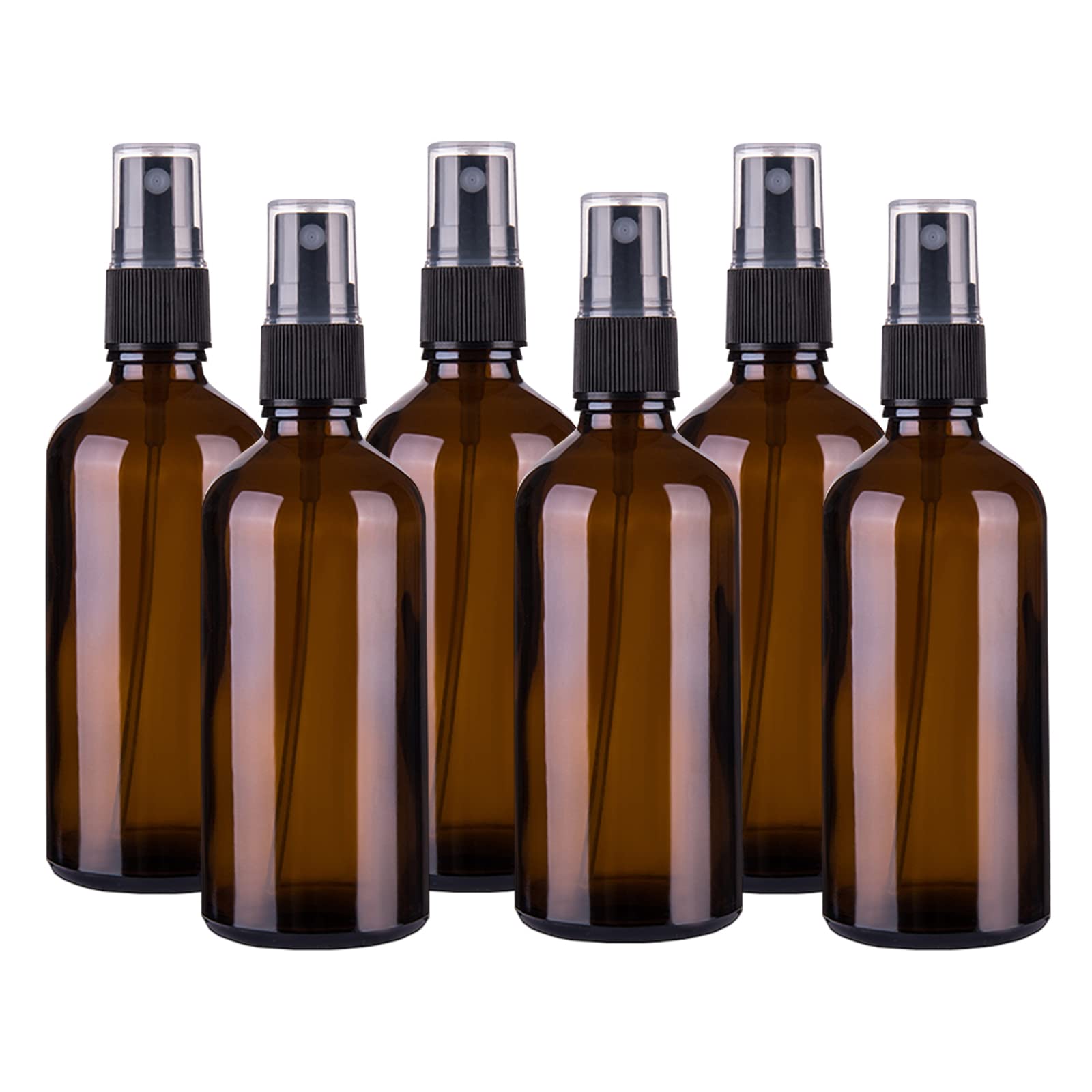 Hydior 4oz amber glass spray bottle front view shows six-pack convenience for reusable essential oil storage