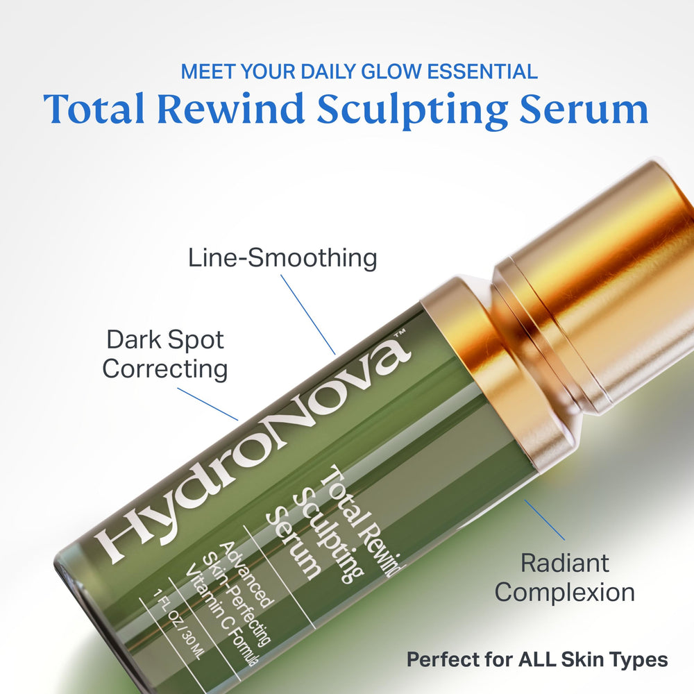 HYDRONOVA Total Rewind Serum ingredient panel features Vitamin C and Niacinamide