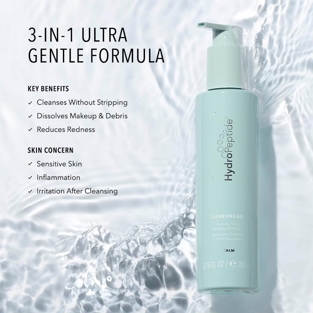 HydroPeptide Cleansing Gel shown removing makeup for a clean start.