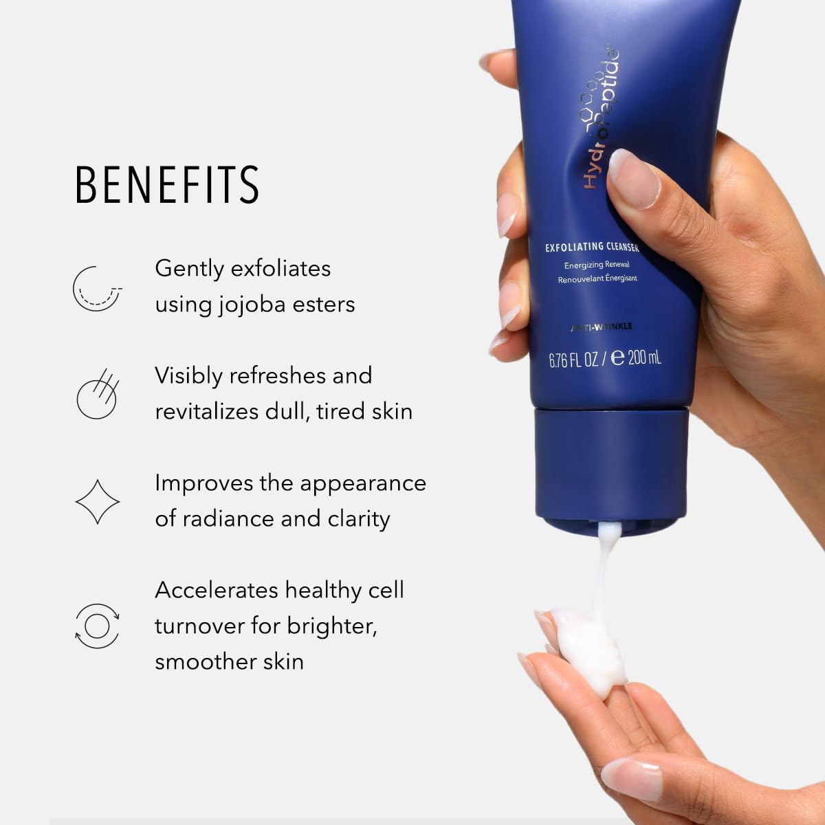 HydroPeptide Exfoliating Cleanser jojoba-esters detail highlighting gentle exfoliation and skin-softening action.