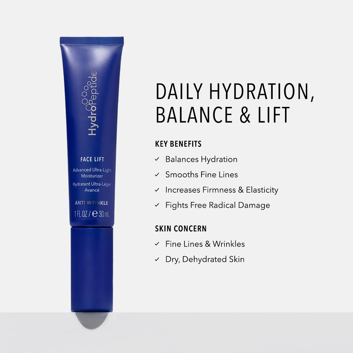 HydroPeptide Face Lift texture-application highlights fast-absorbing formula for smooth skin