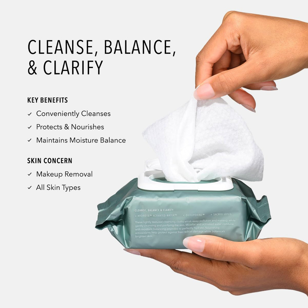 HydroPeptide HydroActive Cleanse cloths pack front—convenient on-the-go cleansing without rinsing