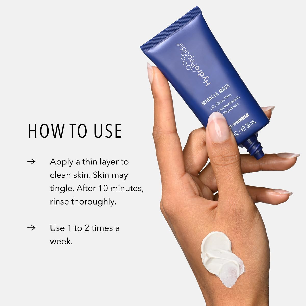 HydroPeptide Miracle Mask ingredients highlight peptides, enzymes, and hyaluronic acid for smooth, hydrated skin.