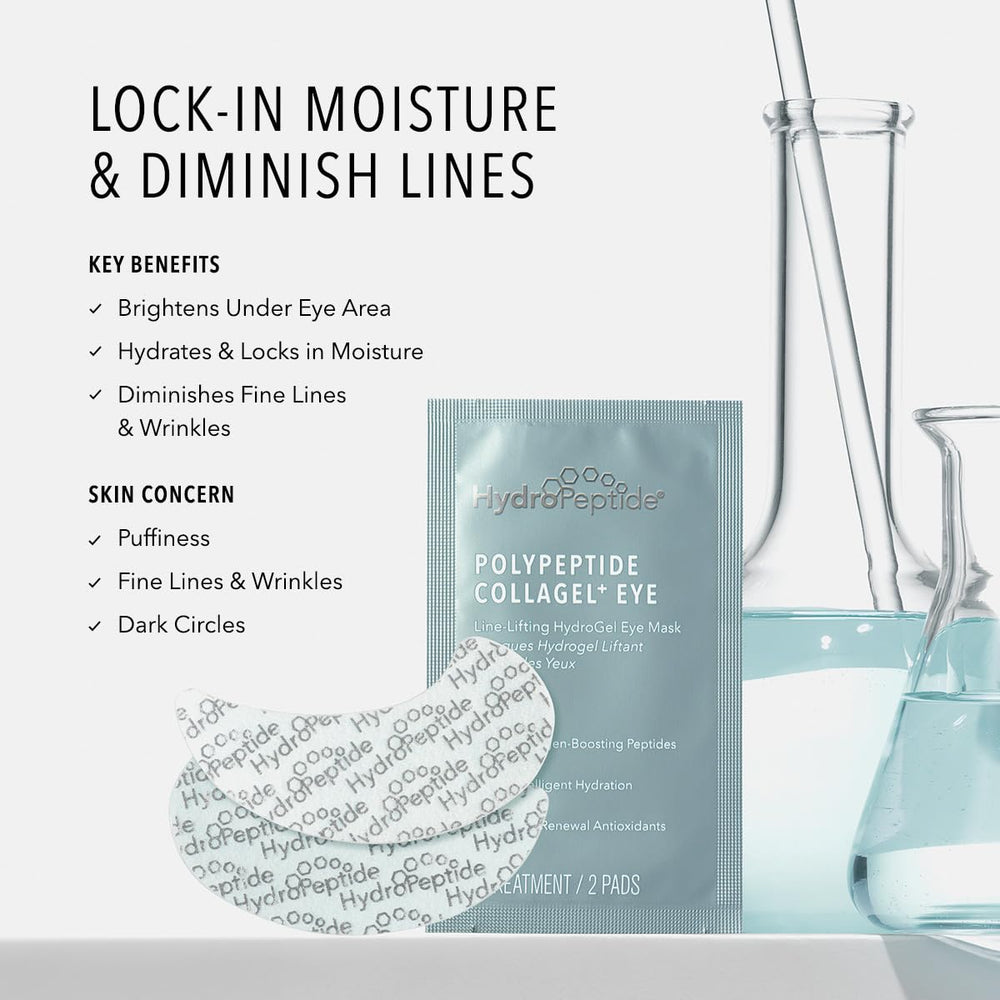 HydroPeptide PolyPeptide Collagel eye mask application under-eye showing cooling relief.