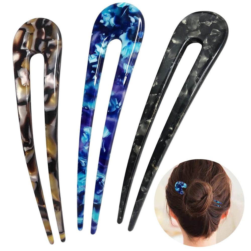 HYFEEL blue U-shape hair forks secure elegant updos with comfortable grip.
