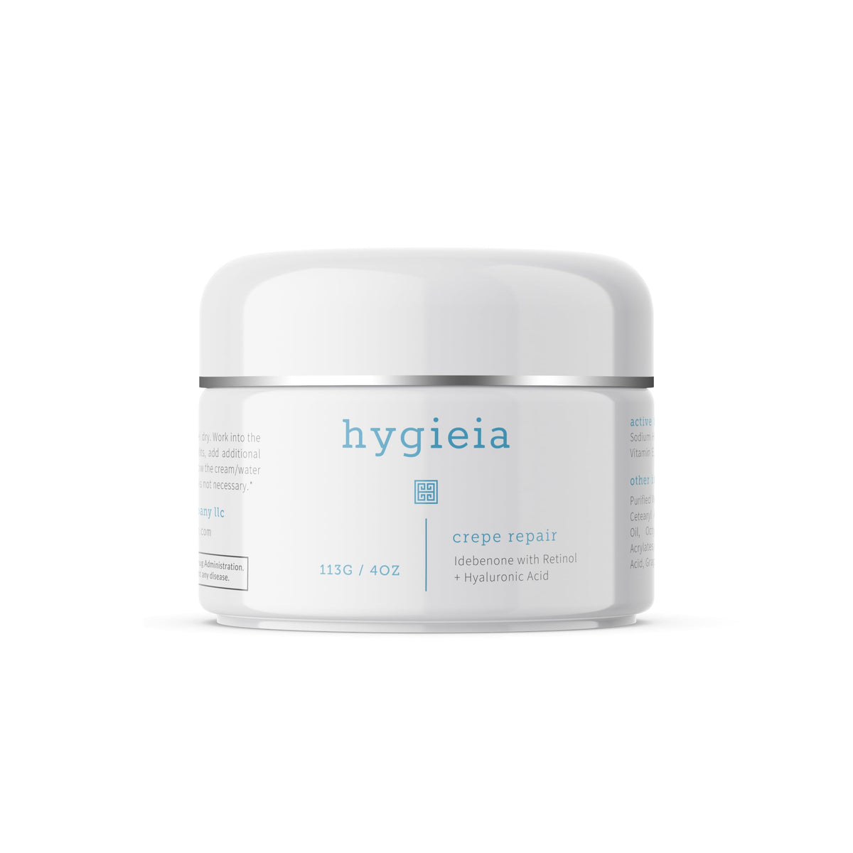 Hygieia plus crepey skin cream jar close-up showing texture and premium packaging for smoother-looking skin