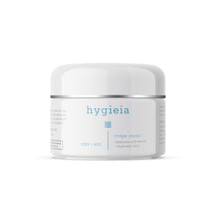 Hygieia plus crepey skin cream jar close-up showing texture and premium packaging for smoother-looking skin