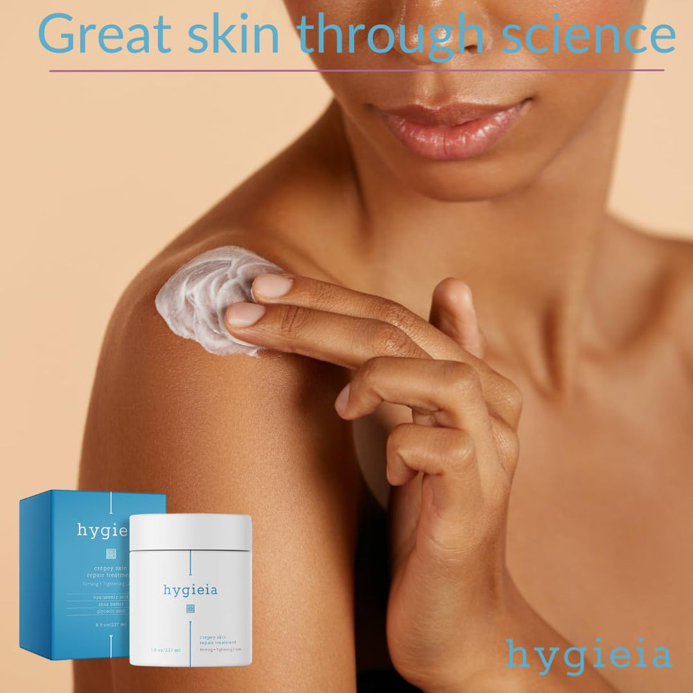 Hygieia+ skincare setup for daily use, aiming to firm and hydrate crepey skin
