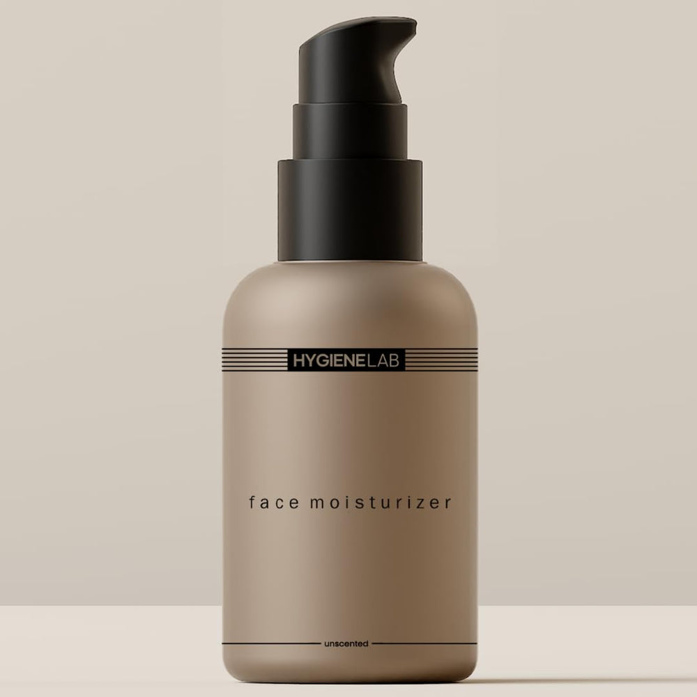 HygieneLab Face Moisturizer bottle closeup demonstrates unscented hydration for all skin types.