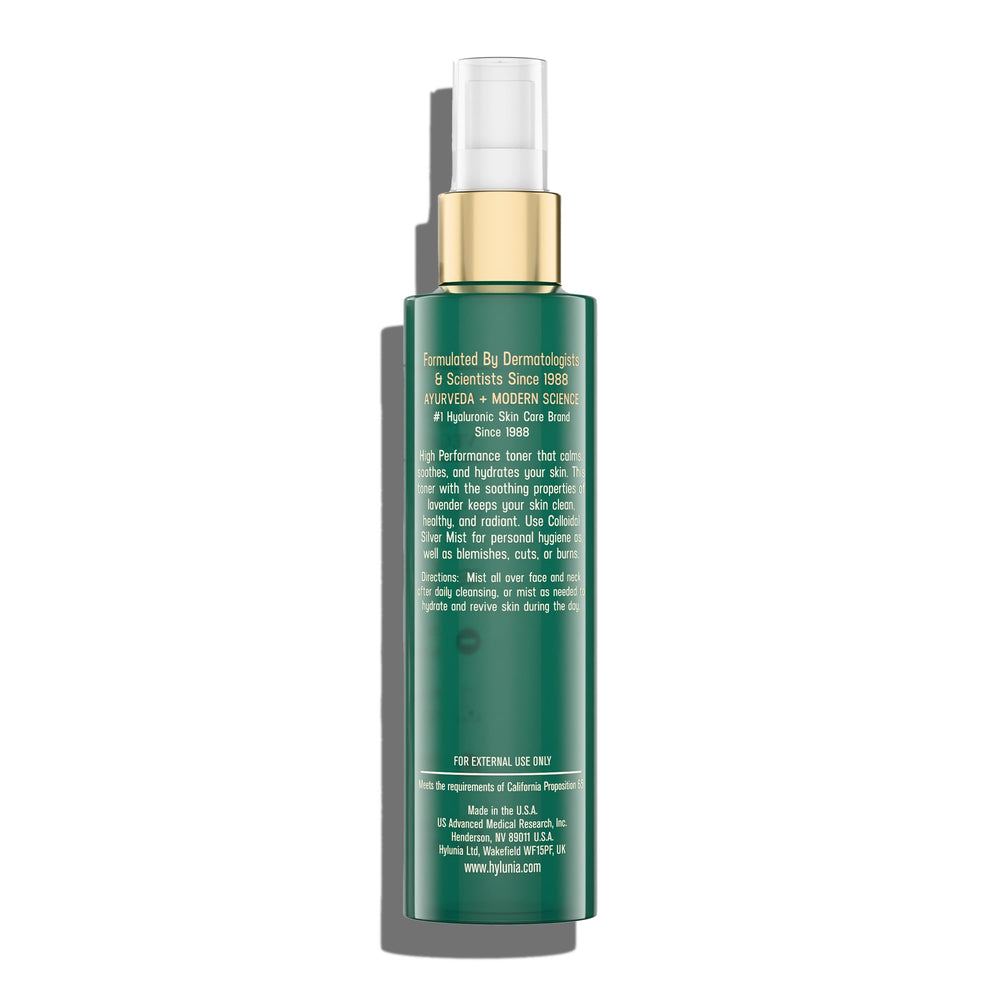 Hylunia Colloidal Silver Mist Toner spray-action close-up for calming, refreshing mist on skin.