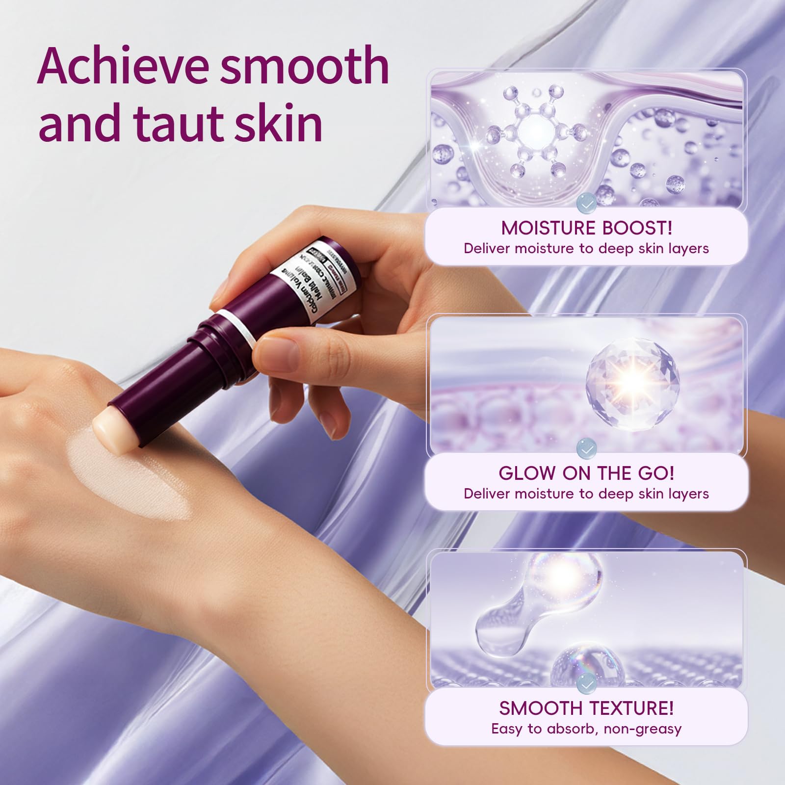 Hypoaled Calcium balm stick soft-glide emphasizes non-greasy absorption.