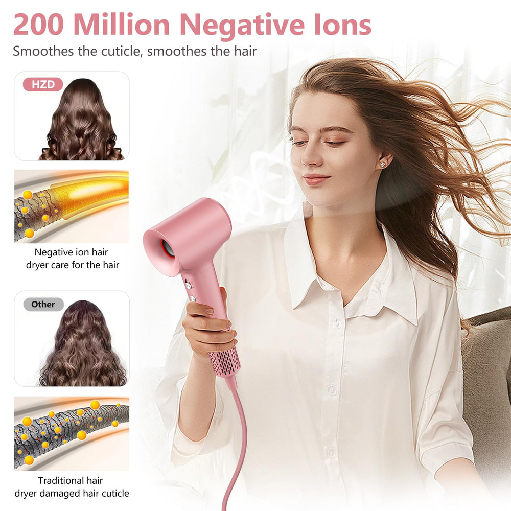 HZD hair dryer ionic technology highlights reduced frizz and shine.
