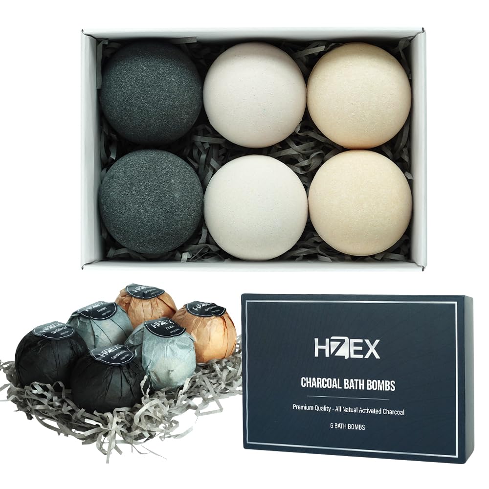 HZEX charcoal bath bombs 6-piece set displayed, spa-like relaxation at home.