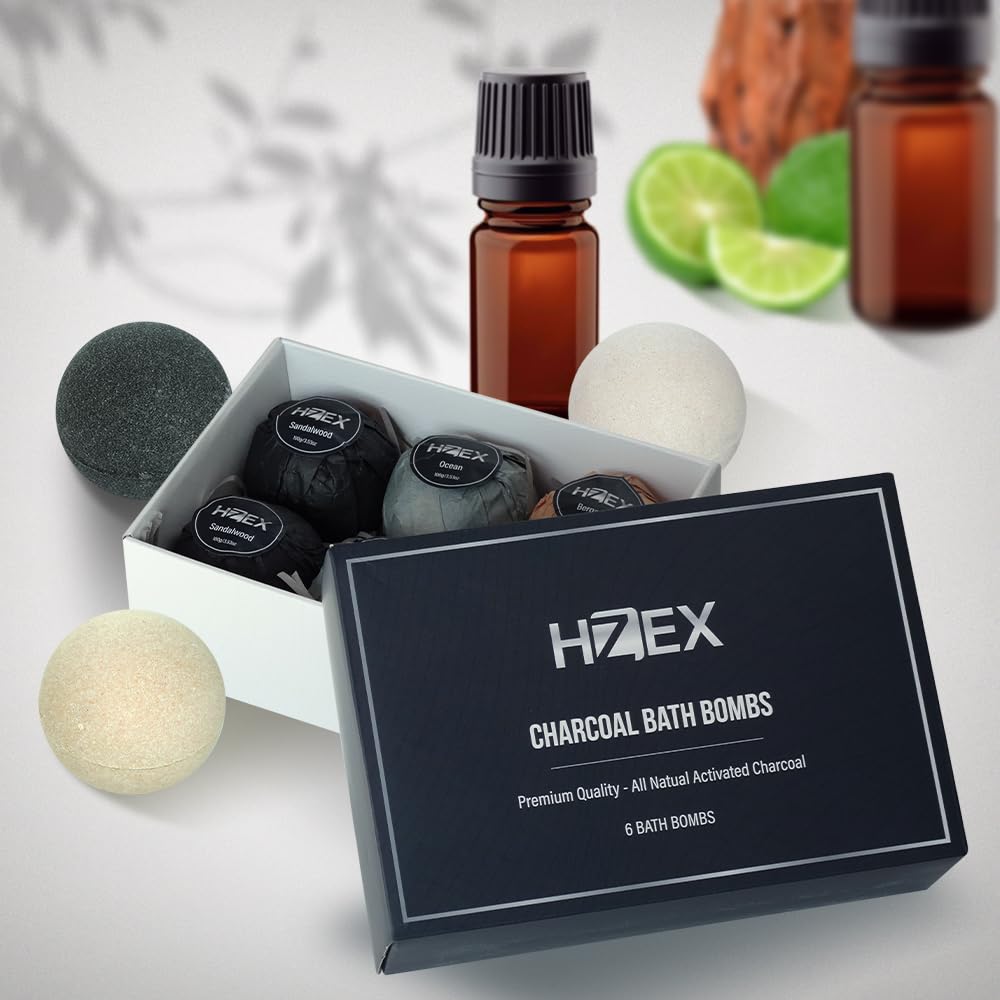 HZEX gift-ready box of charcoal bath bombs, ideal for gifting.