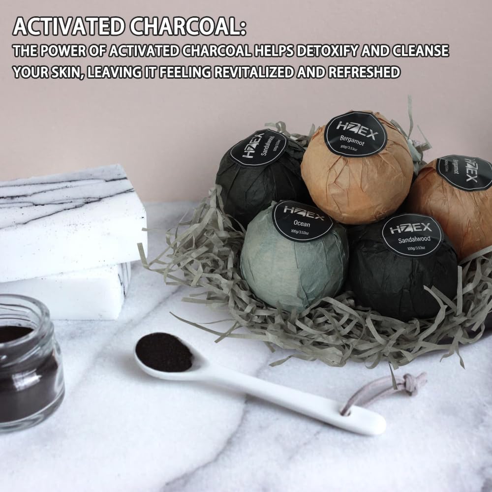 HZEX charcoal bath bombs dissolving in a tub with relaxing essential oil aroma.