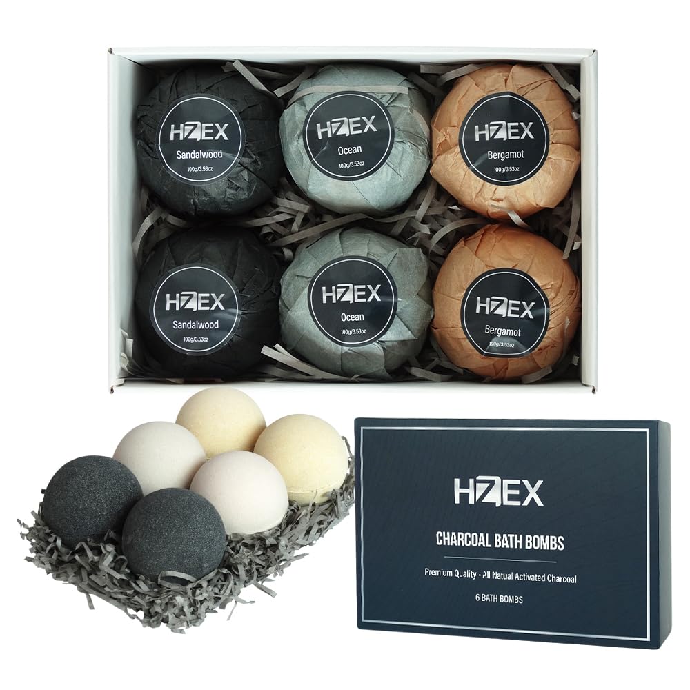 HZEX charcoal bath bombs label emphasizes essential oils for a calming aroma.