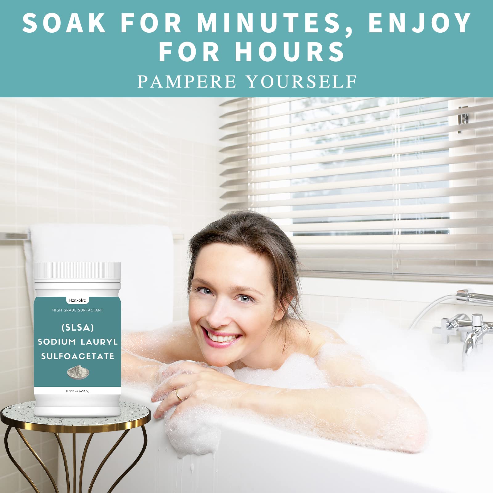 Hznxolrc SLSA foam bath scene shows lush bubbly experience.